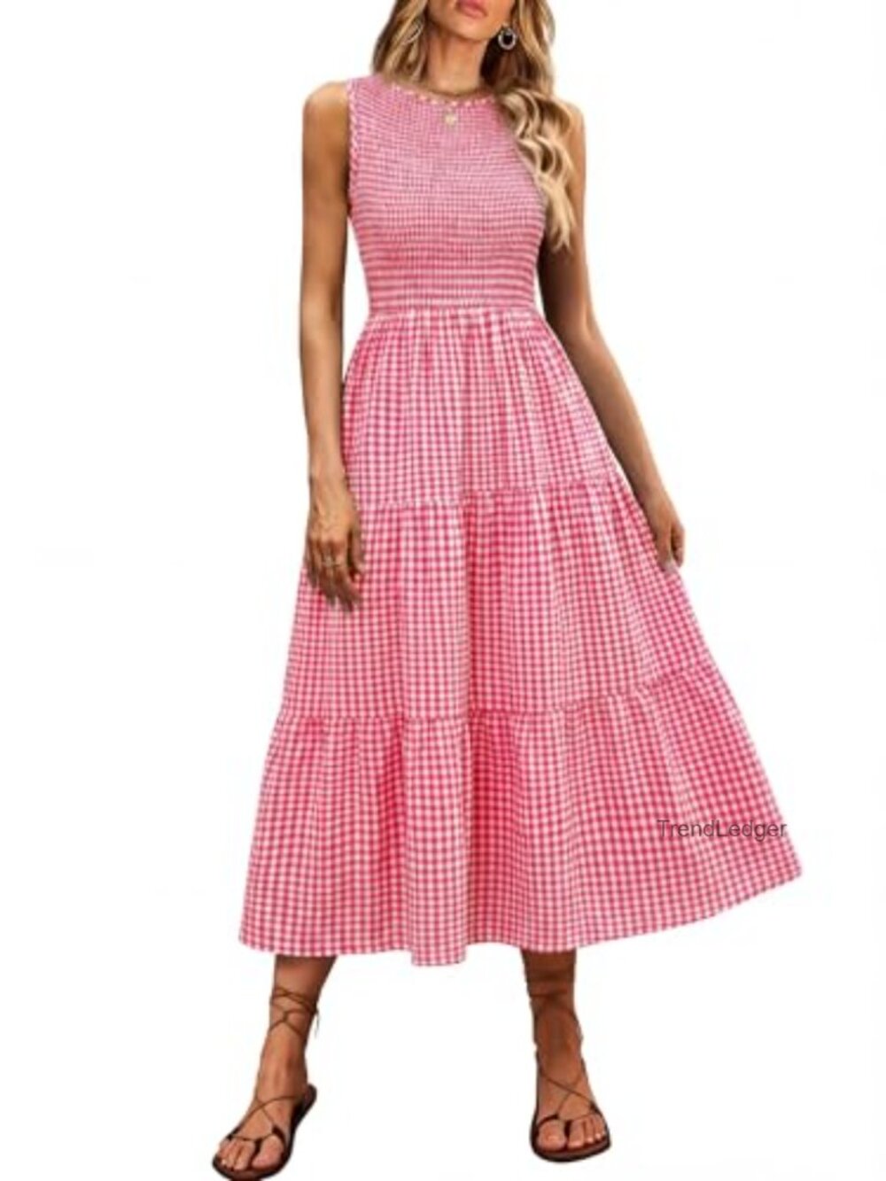 Sleeveless Smocked Midi Dress Tiered Sundress with Pockets